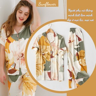 Bộ đồ mặc ở nhà cho nữ SUNFLOWER đồ ngủ vải Satin cao cấp mát bốn mùa