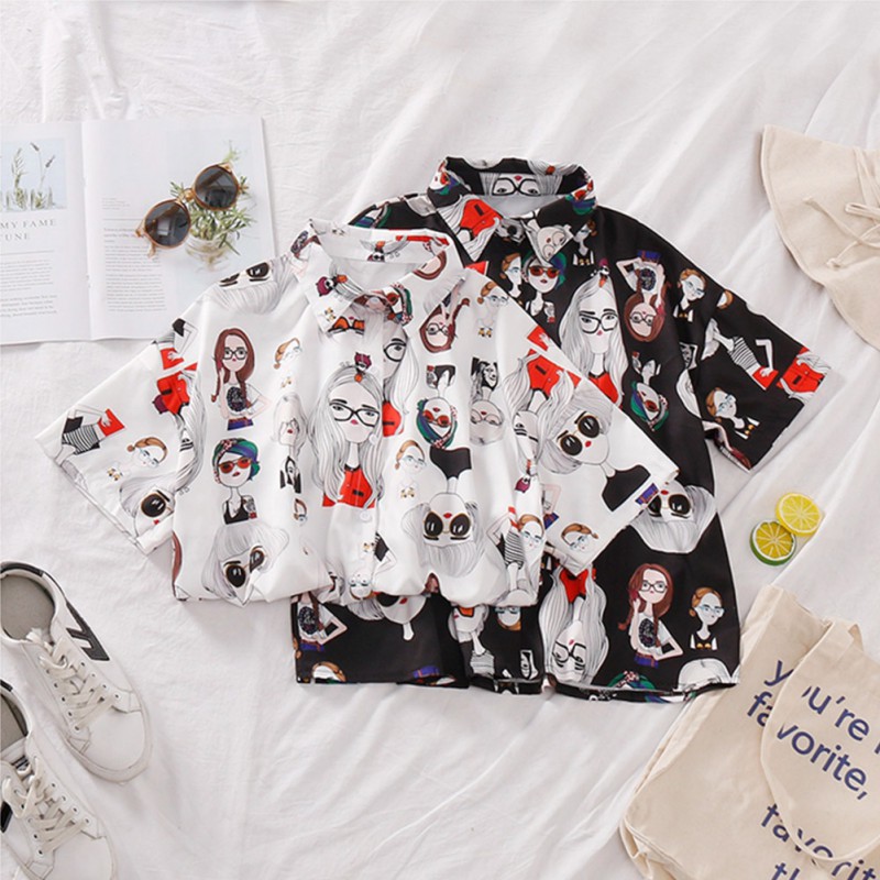 Áo sơ mi ngắn tay/dài tay in họa tiết ngộ nghĩnh phong cách retro