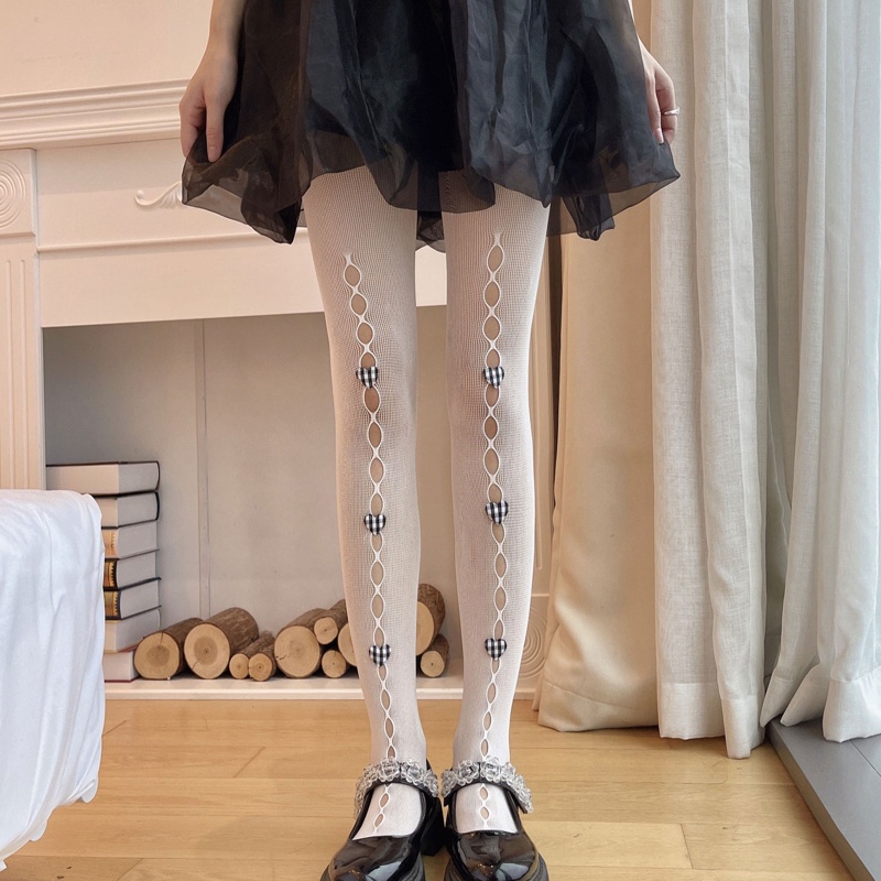 Xiangbao Quần Tất Lưới Rỗng Đính Nơ Kẻ Sọc Caro Trái Tim Khoét Rỗng Trước Ngọt Ngào Phong Cách Lolita Nhật Bản