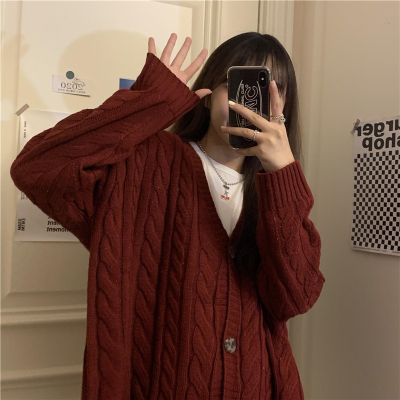 Áo Khoác Cardigan Len Dệt Kim Dáng Rộng Kiểu Retro Hàn Quốc Dễ Thương Cho Nữ