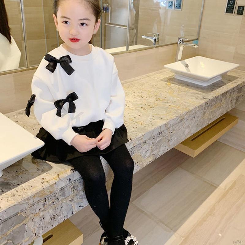 Áo sơ mi tay dài đính nơ màu trơn thời trang mùa thu cho bé gái Se7en