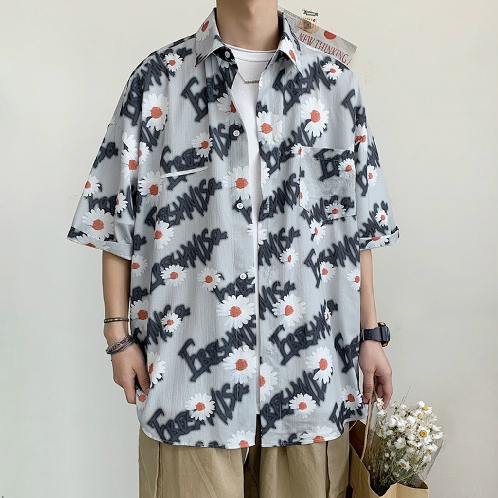 Áo sơ mi tay lở dáng suông form rộng in hình bông cúc có túi siêu đẹp năng động dễ phối đồ thời trang Hàn Quốc mới