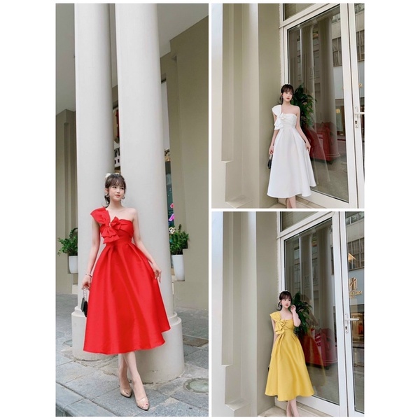 Đầm xoè dự tiệc 1 vai chéo ngực chất lụa taffeta phối nơ 3 cánh siêu xinh - size M/L - MS345V