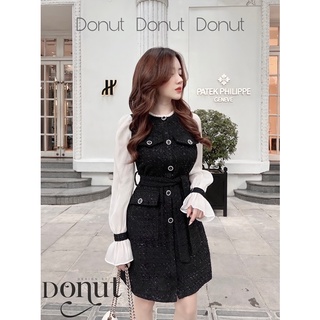 Váy dạ tweed đen tay phối tơ
