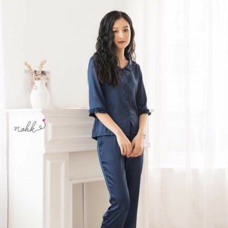 Bộ lụa trơn viền bèo xanh đậm - NOHK