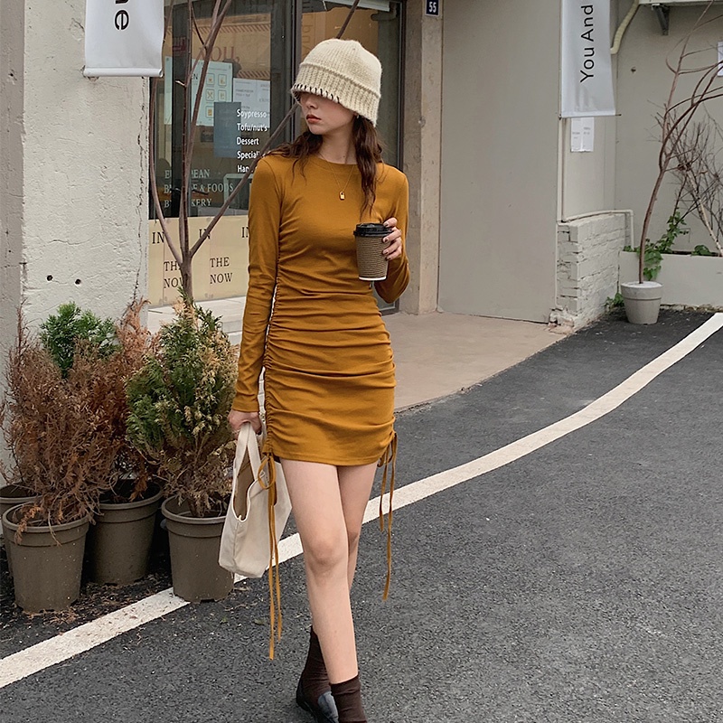 Đầm SUXI cotton tay dài dáng ôm phối dây rút gợi cảm cho nữ