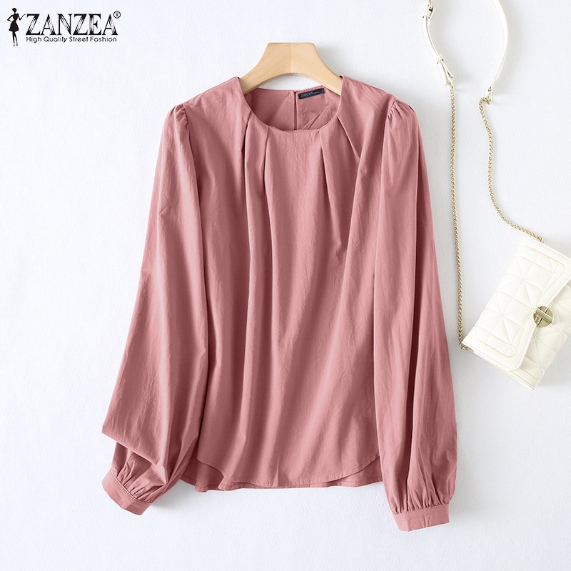 Zanzea Áo Kiểu Tay Phồng Dài Cổ Tròn Xếp Ly Cài Nút Sau Lưng Màu Trơn Thời Trang Cho Nữ
