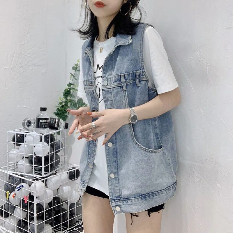 Áo khoác denim RENJIANVSHENG 165482 không tay phong cách Hàn Quốc cổ điển dễ phối đồ