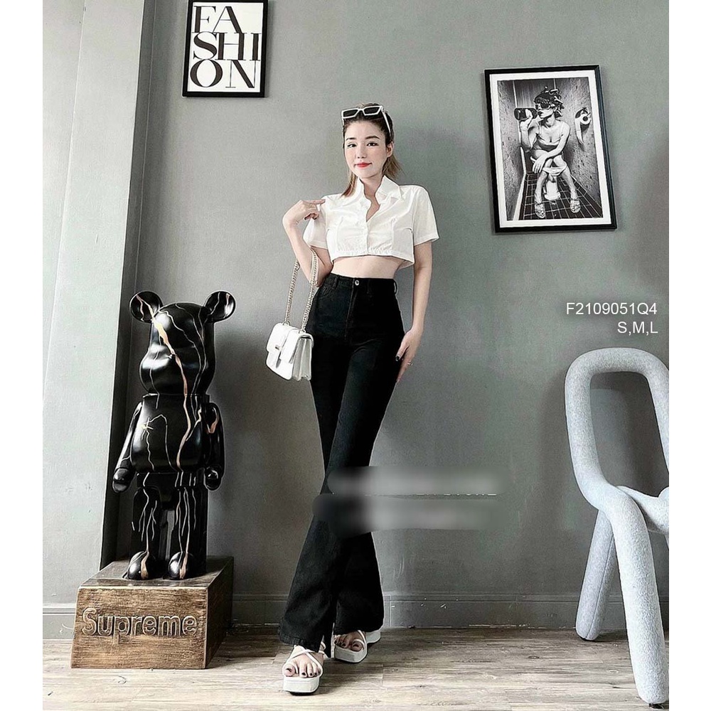 Quần jean đen dài ống loe xẻ lai lưng cao tôn dáng!