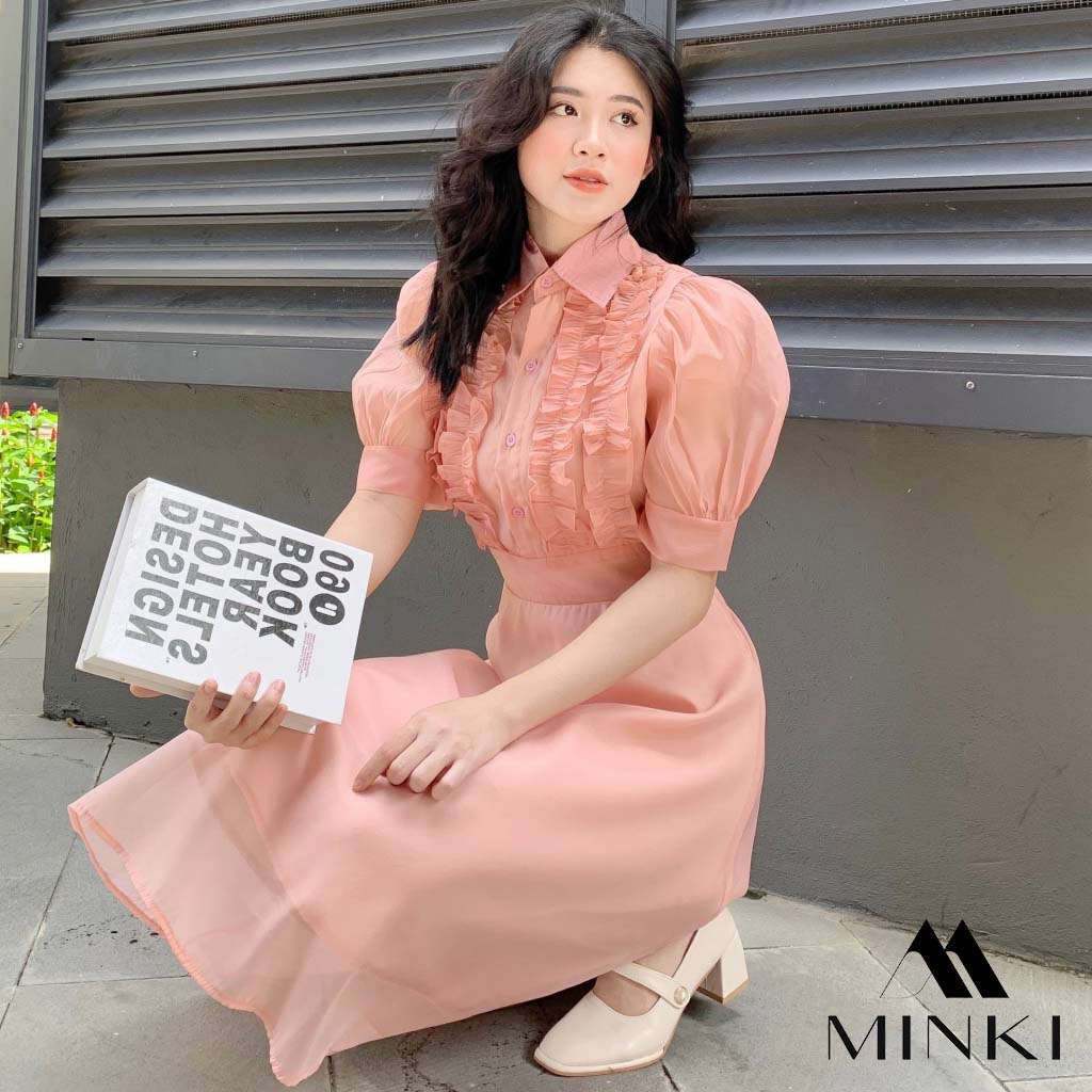 [CAO CẤP] ĐẦM SƠ MI TAY BỒNG DỊU DÀNG - CHẤT LIỆU VOAN TƠ CAO CẤP - MÀU HỒNG/ NUDE | BigBuy360 - bigbuy360.vn