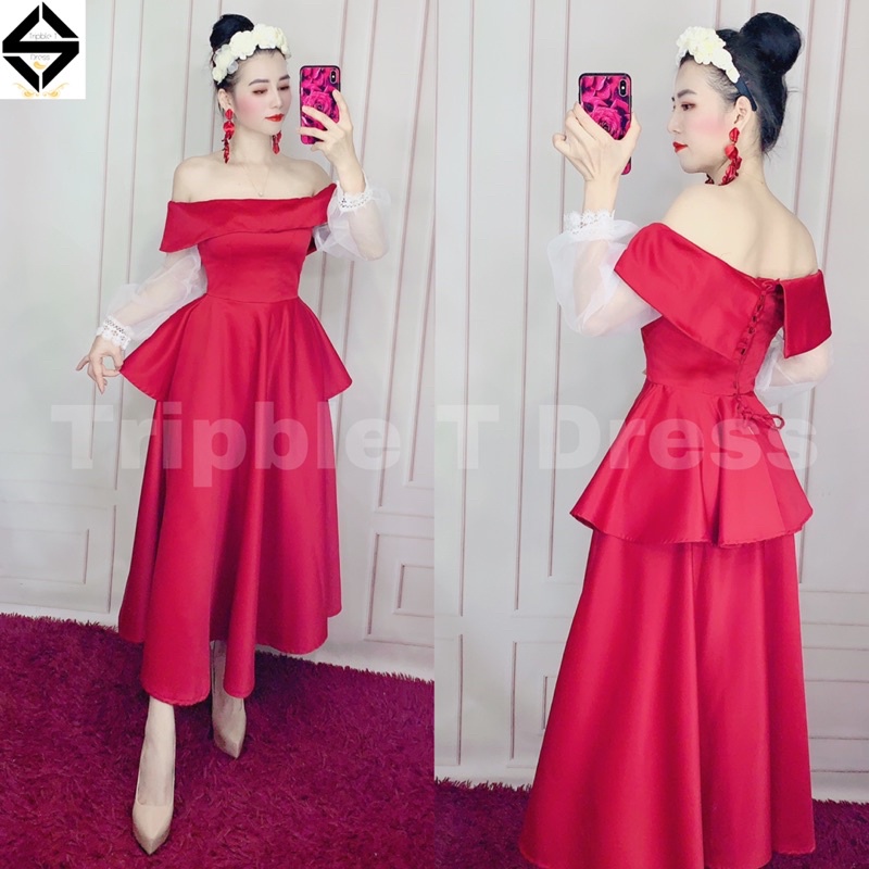 Đầm xòe dự tiệc mặc cưới bẹt vai tay voan dài phối ren TRIPBLE T DRESS -size S/M/L - MS51Y