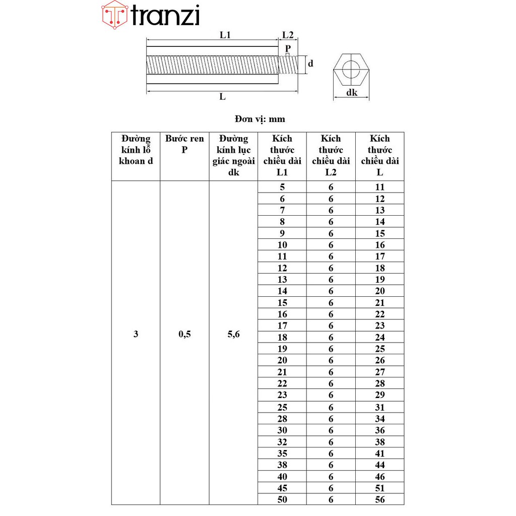 Trụ vít lục giác đực cái nhựa trắng M3