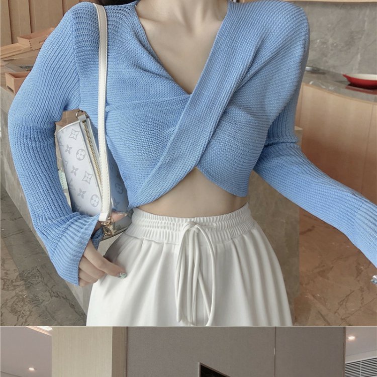 QKOOLE Áo dệt kim  tay dài cổ chữ V phong cách cổ điển Hàn Quốc cho nữ