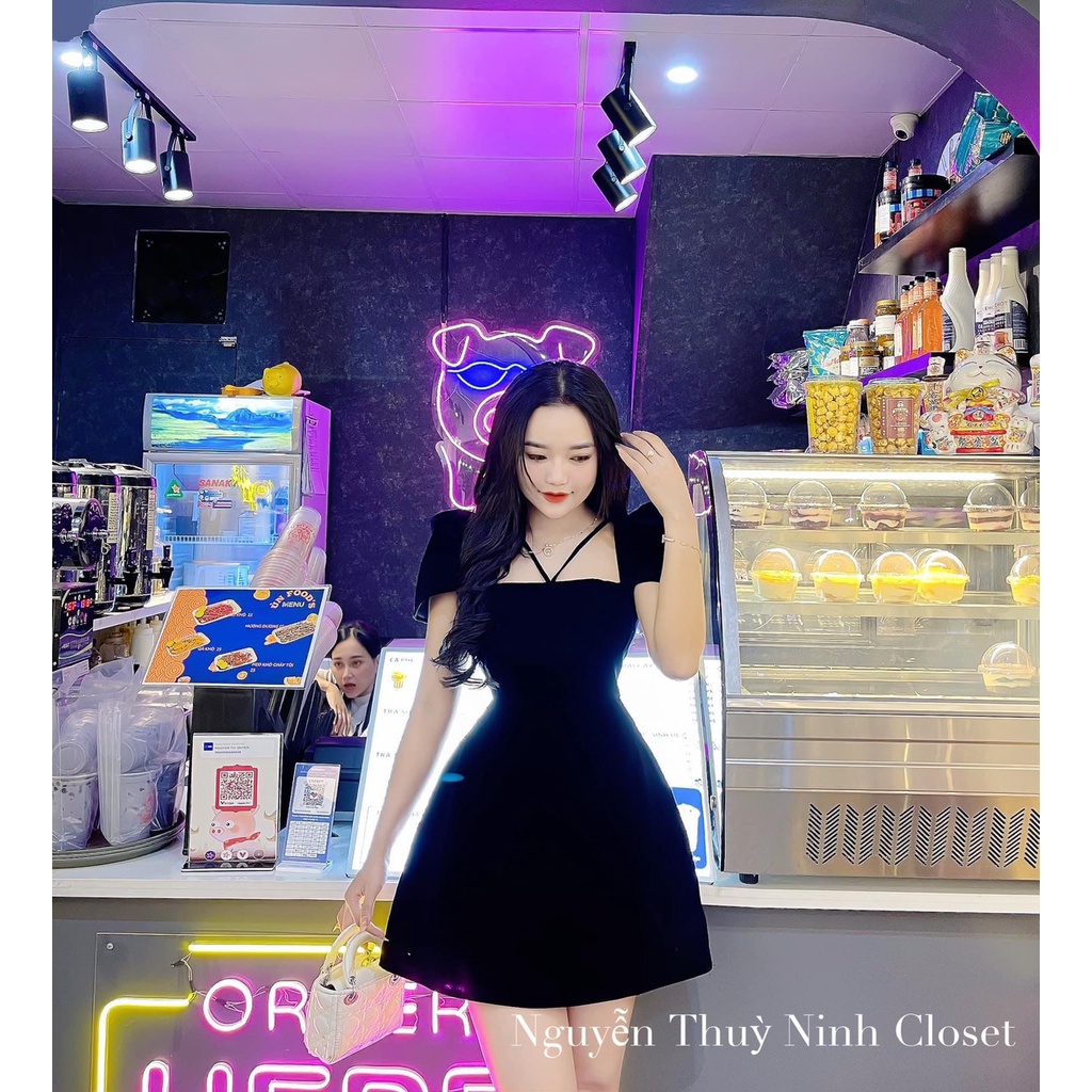 🍃 VÁY NHUNG DÂY CỔ DÁNG NGẮN 2 màu ĐEN ,ĐỎ  lolla_ye_fashion