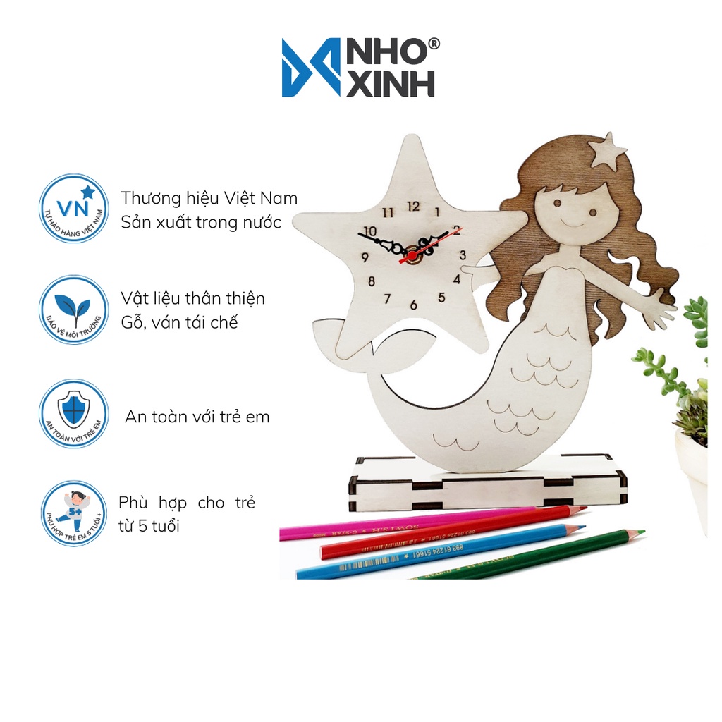 Đồng hồ gỗ để bàn hình nàng tiên cá, trang trí bàn học, phòng ngủ bé gái - Nhỏ và Xinh