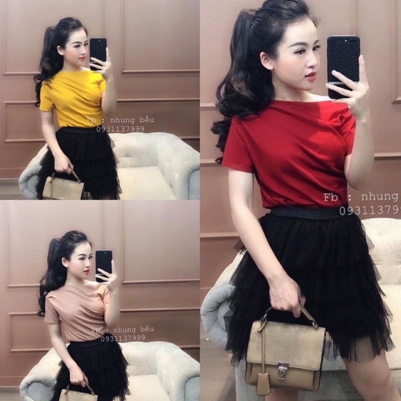 Áo kiểu lệch vai ngắn tay tôn dáng, Áo thun kiểu tay cộc vải cotton AS0101 - NhiNhi Shop