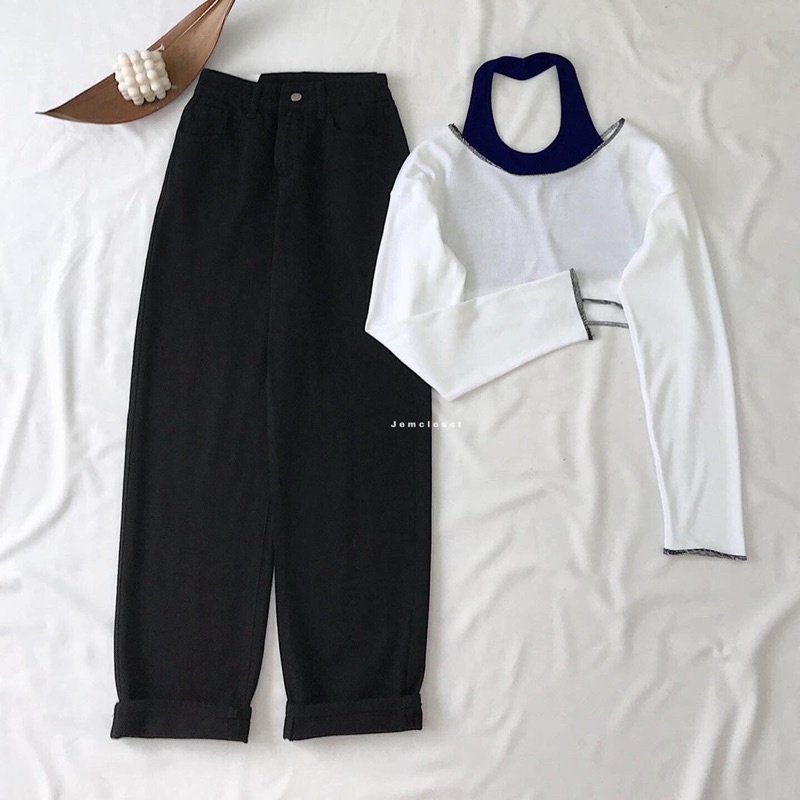 Set 3 món jean baggy đen+ croptop rua+ yếm trong TTS778