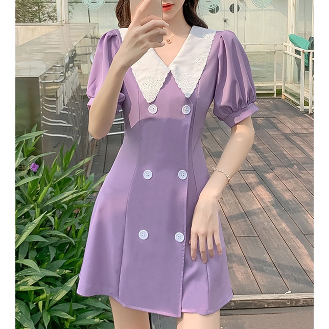 Đầm Tím Pastel Chữ A -Tay Phồng Mã QC85