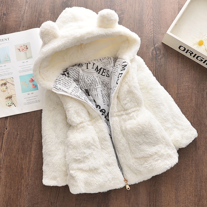 Áo khoác lông giả BEAR LEADER có mũ trùm tai thỏ hoạt hình thời trang mùa đông 2020 dành cho bé gái 2-7 tuổi