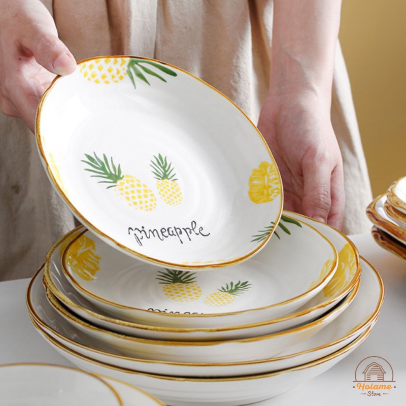 Đĩa sứ decor , dĩa sứ tròn đẹp họa tiết dứa Holame