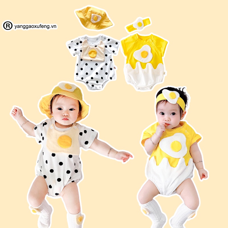 Bộ áo liền quần thiết kế hình lòng trứng và mũ/băng đô thời trang mùa hè dành cho em bé sơ sinh