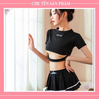 Bộ đồ ngủ sexy cosplay tiếp viên, đầm ngủ dáng xòe P.o.L.i.c.e đen, Váy ngủ 2 dây gợi cảm siêu đẹp  - QUIN BEE