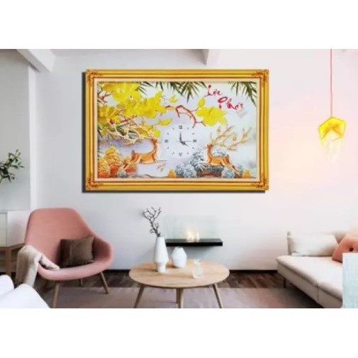Tranh thêu đồng hồ lộc phát KT:63x43cm,tranh chưa thêu.Tặng kéo và xỏ chỉ.
