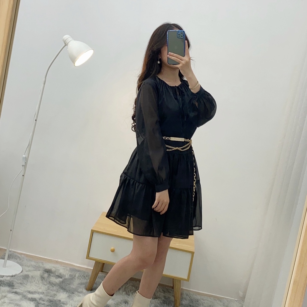 Váy Babydoll nữ dài tay phối nơ ngực [2 lớp] Đầm nữ bánh bèo chất tơ mịn V-BB | BigBuy360 - bigbuy360.vn