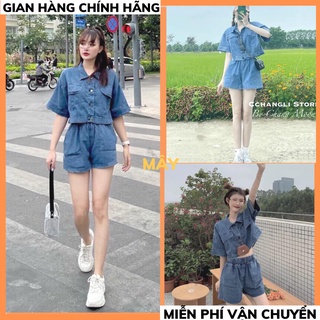 Set sơ mi oversize bò kèm quần ngố, set sơ mi form rộng kèm quần MÂY_1989