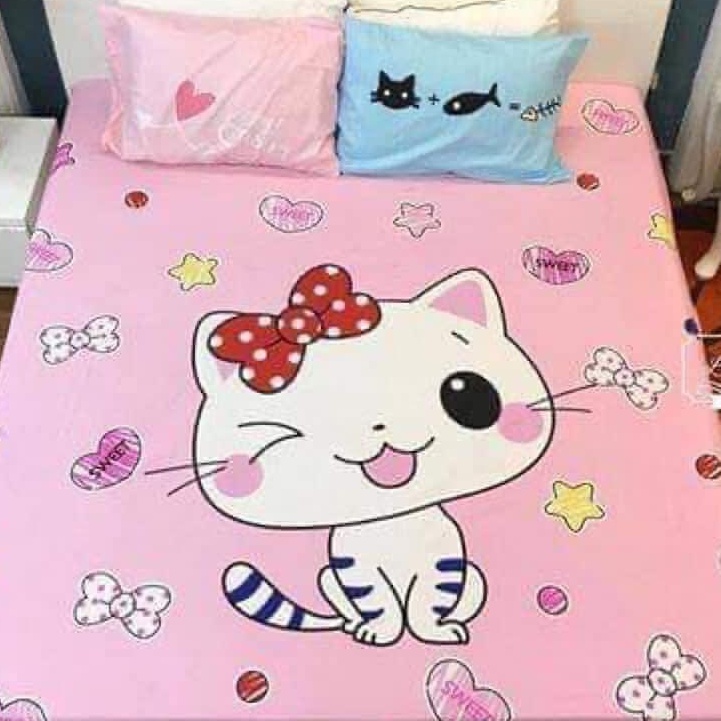 Bộ ga giường và vỏ gối Cotton 100% họa tiết 3D bé gái thỏ hồng Bedding ga gối Cotton Hàn Quốc đủ size drap nệm