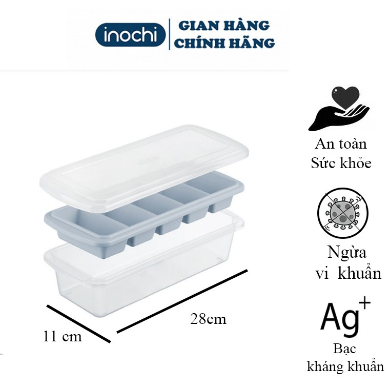 [Tặng Móc Dán] Khay đá - khay làm đá 5 viên dành cho tủ lạnh có nắp đậy kèm hộp đựng đá tiện lợi kháng khuẩn Kari inochi