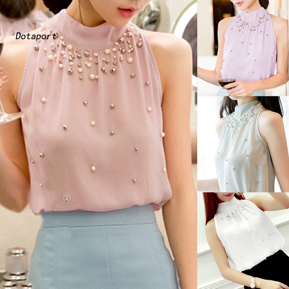 Áo Chiffon Sát Nách Màu Trơn Đính Hạt Thời Trang Cho Nữ