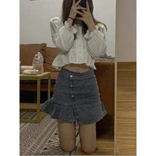 (SẴN) Chân váy denim lưng cao xếp li