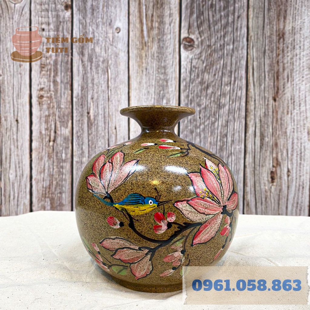 Lọ Hoa Decor, Bộ Bình Hút Lộc BÁT TRÀNG - GỐM SỨ TUTI - Men Bóng Nâu Đốm , Họa Tiết Vẽ Tay Cao 23,19,15 Cm