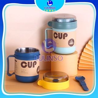 Cốc giữ nhiệt LULINSO Ca đựng canh cháo cà phê kèm dĩa có nắp đậy chất liệu inox 304 phong cách Hàn Quốc