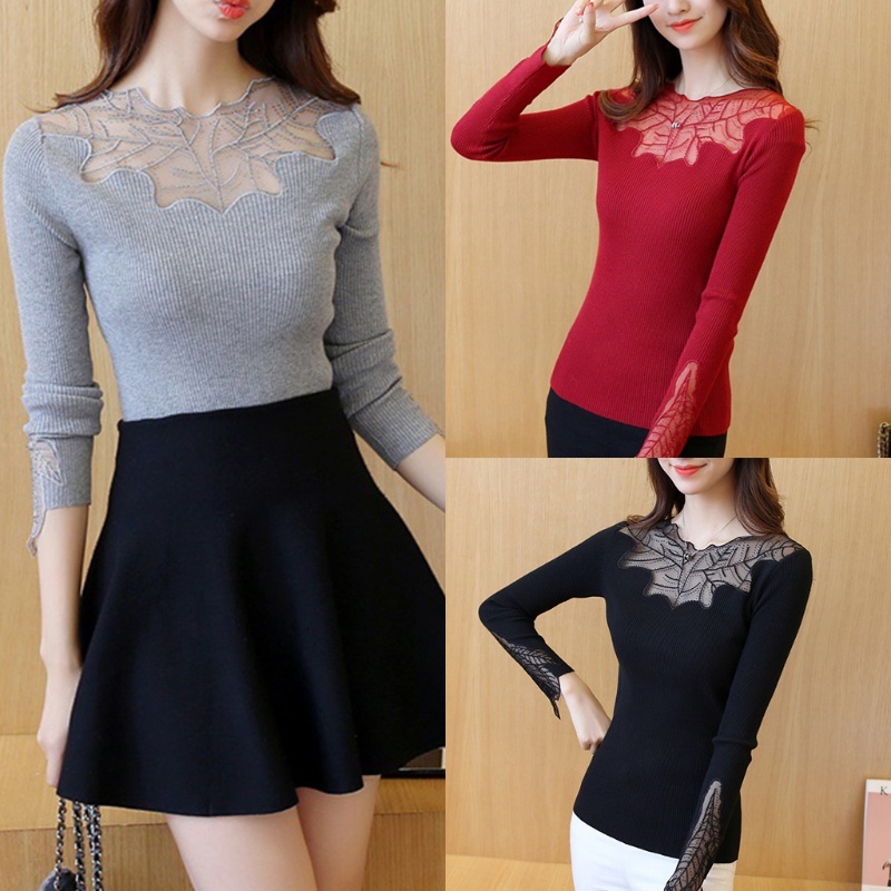 Áo Kiểu Tay Dài Phối Ren Hoa Chất Liệu Co Giãn Thời Trang Dành Cho Nữ