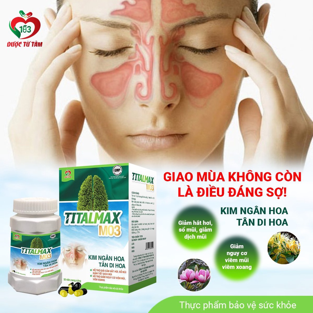 Titalmax M03 Giảm viêm xoang nghẹt mũi khó thở hắt hơi sổ mũi đau nhức vùng đầu trán Hộp 50 Viên