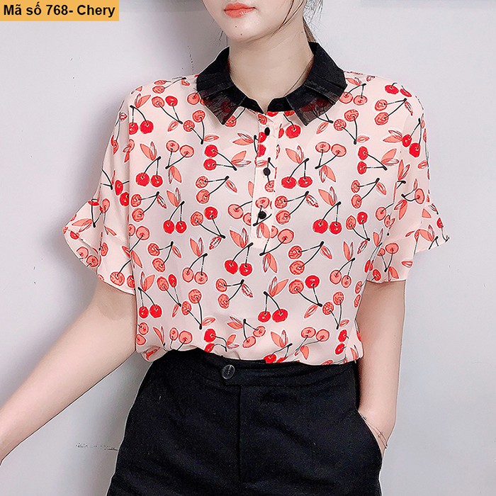 B768- Áo sơ mi họa tiết phối cổ