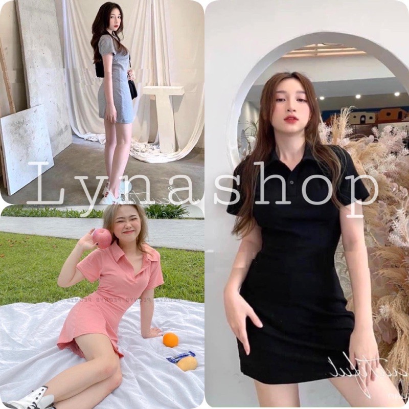 Đầm cổ sơ mi dáng ôm body, thun cộc tay màu ĐEN | HỒNG | XÁM Ulzzang HOT 🌸