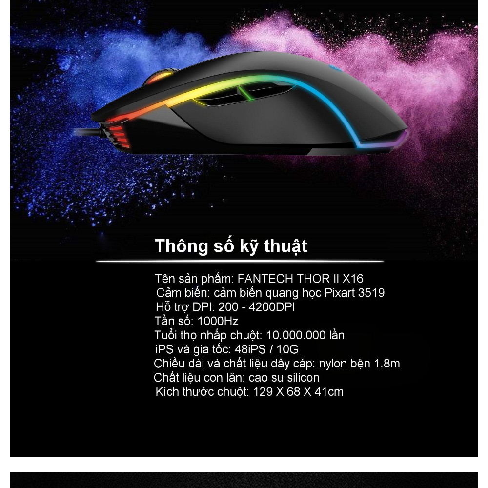 Chuột Gaming RGB 4200 DPI Có Dây 6 Nút, Dây Nilon Bện FANTECH X16 THOR II - Hãng Phân Phối Chính Thức