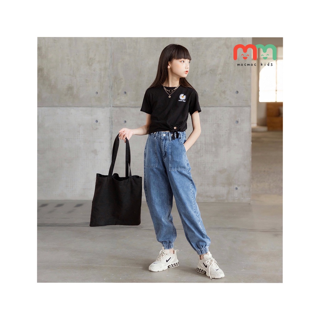 Quần jean jogger bé gái cá tính form chuẩn đẹp cao cấp phía trước khuy cài, khóa kéo phía sau lưng thun cho bé 15kg-46kg