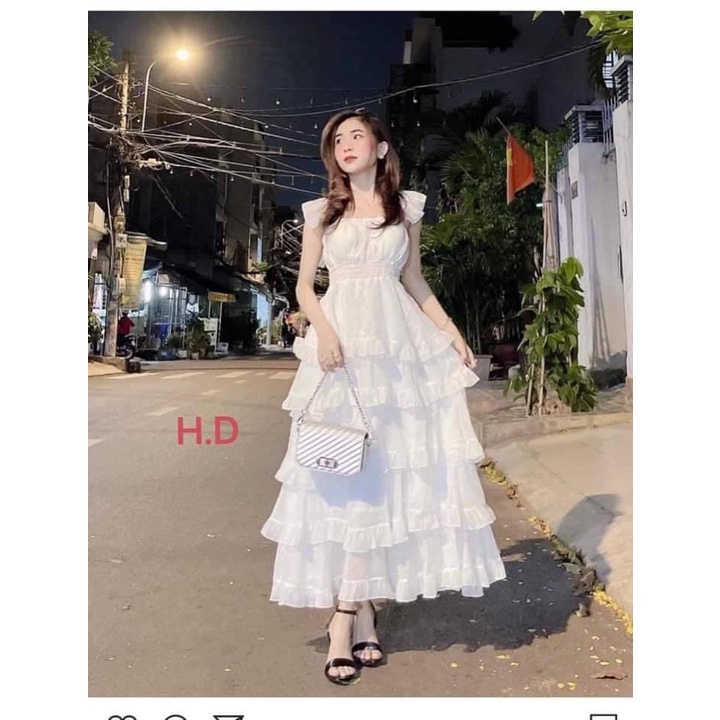 Váy đầm trắng maxi dự tiệc sang trọng xòe công chúa xếp tầng vai bèo cánh tiên-  zadola fashion