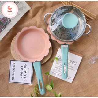 Bộ Nồi Chảo Ăn Dặm Đá Hình Hoa, Quánh Chống Dính Nấu Cháo, Bộ Nồi Ăn Dặm Cho Bé Tặng Kèm Lồng Hấp Và Thìa Silicon