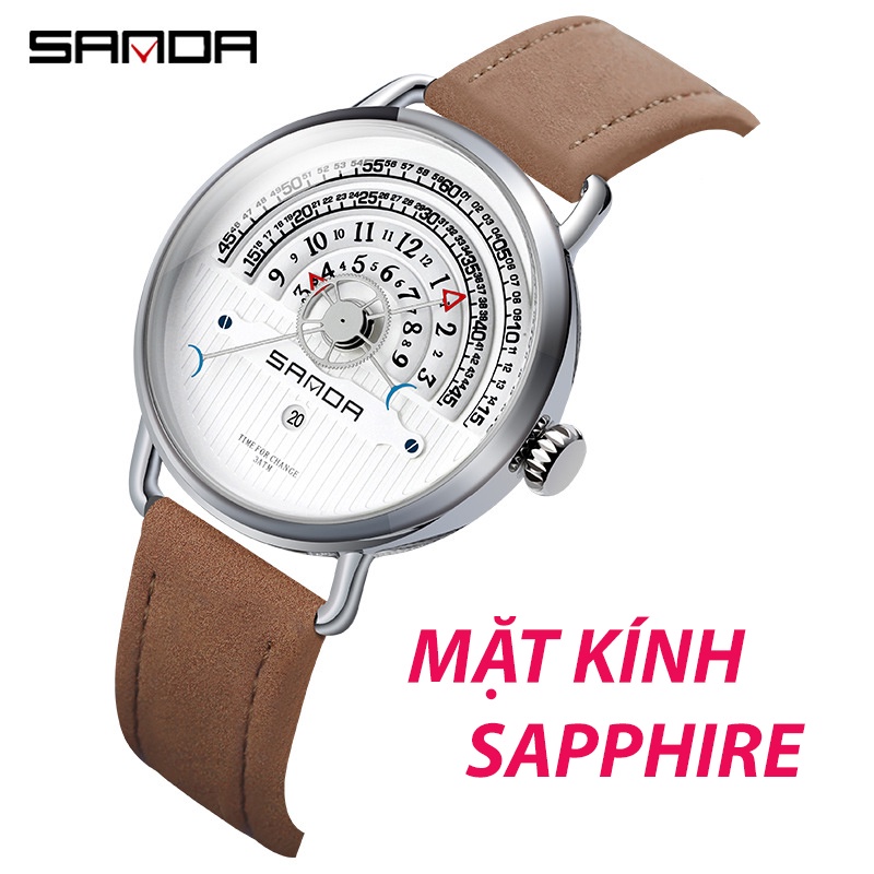 Đồng hồ nam Sanda mặt tròn quý phái mặt kính sapphire phản quang kim xương cá dây da bò thật tặng kèm bật lửa zippo