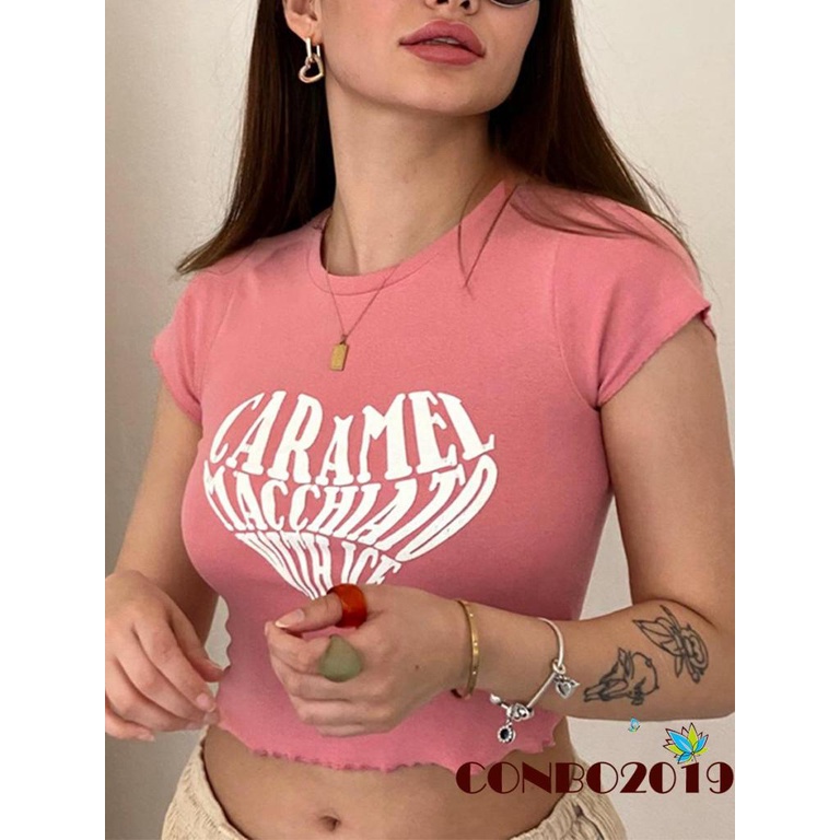 Áo Crop Top Tay Ngắn Cổ Tròn In Chữ Thời Trang Mùa Hè Cho Nữ
