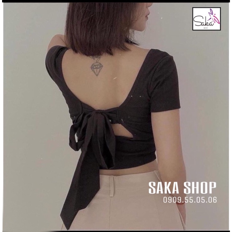 Áo thun nữ croptop tay ngắn buộc dây lưng 2 màu trắng đen