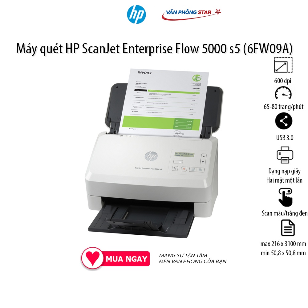 Máy quét HP ScanJet Enterprise Flow 5000 s5 (6FW09A) tốc độ 60 - 85 trang/phút độ phân giải 600 dpi Scan 2 mặt