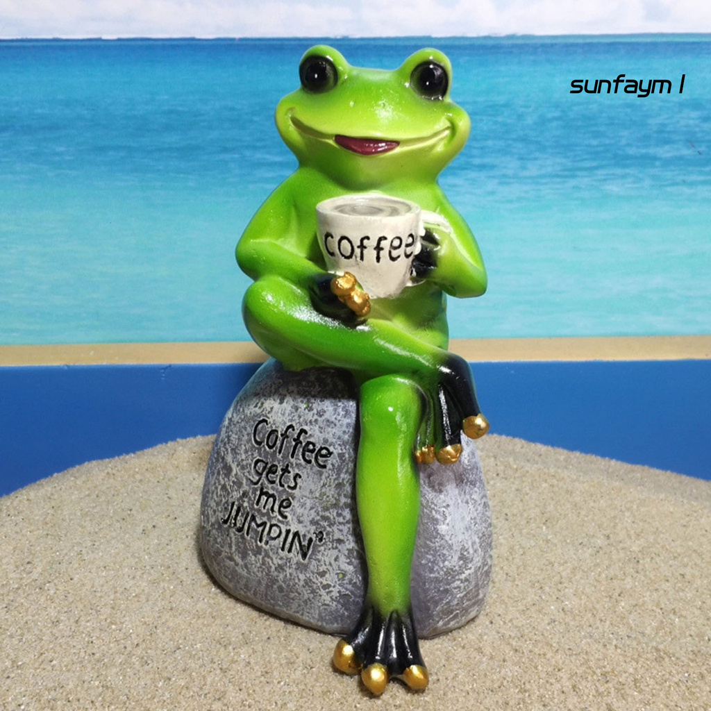 SUNFAY Animal Design Statuary Green Sitting Frog Drinking Coffee Stone Garden Statue for Home Decor