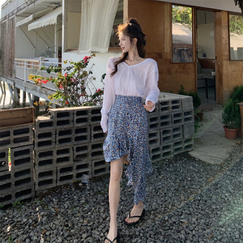 Chic irregular floral skirt women's spring and summer Korean 2022 new high waist thin fishtail skirt