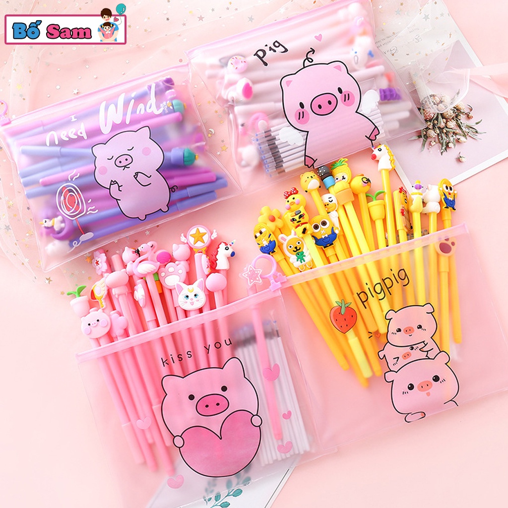 Set 20 bút bi cute mực nước nhiều màu kèm túi Zip Shop Bố Sam
